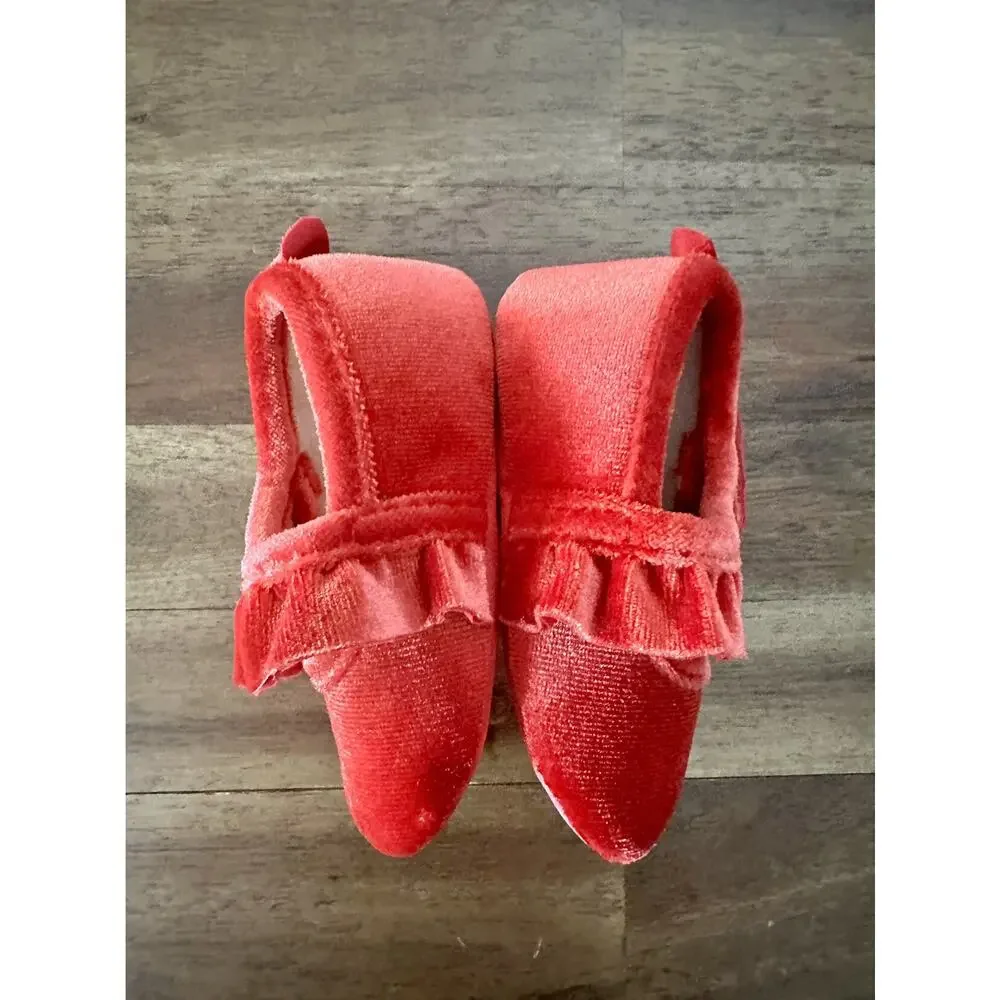 Janie & Jack Red Velvet Ruffle Crib Bootie Ruffle Baby Dress Shoes 0/3 M